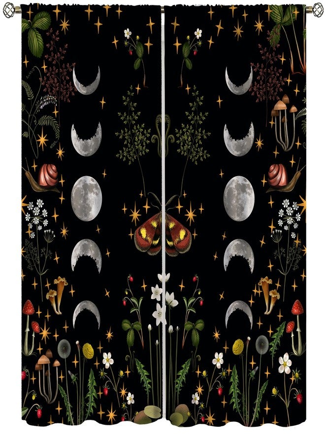 SENRUEGT Moon Flower Curtains,Retro Mushroom Boho Botanical Flowers Moon Phase Stars Room Darkening Windows Treatments Drapes for Bedroom Living Room Home Decor 42x45 Inch - Image 1